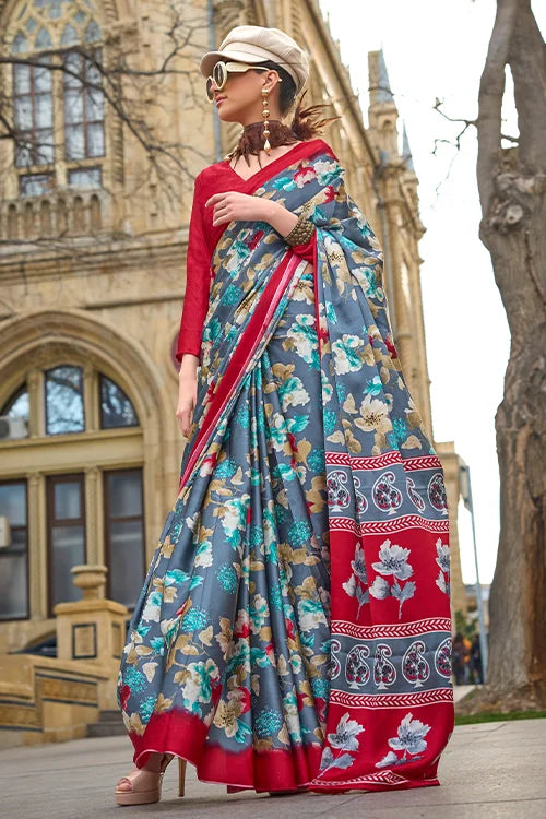 Digital Printed Satin Silk Saree With Blouse Piece