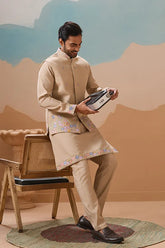 Beige Kurta Koti Wedding Outfit