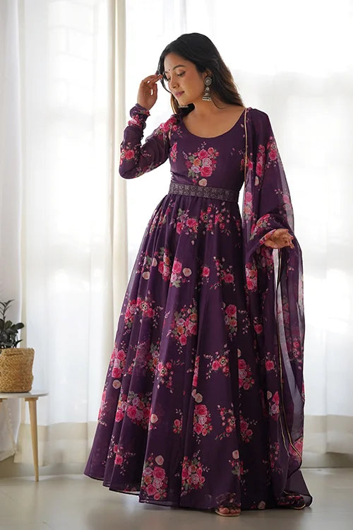 Wine Floral Organza Anarkali