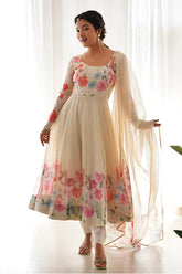 Cream Floral Printed Anarkali
