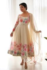 Cream Floral Printed Anarkali