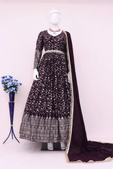 Exclusive Purple Color Metalic Foil Work Ready To Wear Gown