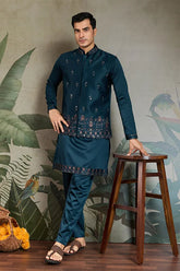 Teal Blue Embroidered Kurta Koti Set