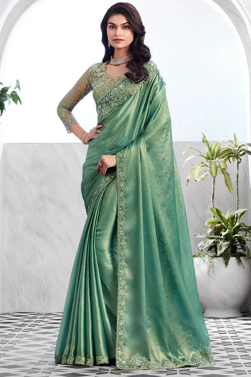 Galm Green Fancy Golden Shimmer Silk Saree With Blouse Piece shubhkalastore