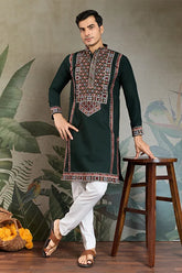Party Wedding Green Viscose Silk Kurta