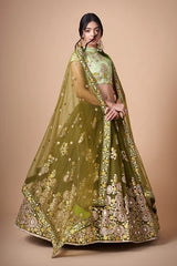 Mehndi Soft Net Thread Sequins Embroidered With Mirror Work Lehenga Choli