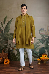 Men's Rust Yellow Kurta Jari Work