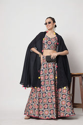 Navy Chinon Silk Print With Sequins Work Lehenga Choli