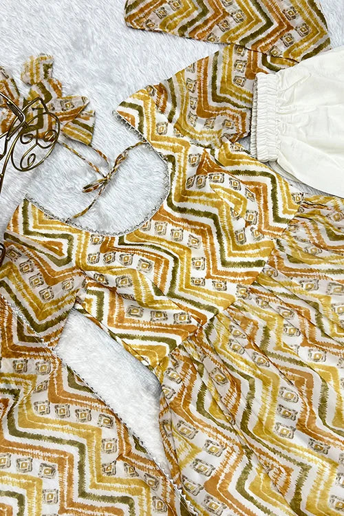 Stylish Zigzag Print Anarkali with Pant & Dupatta Set