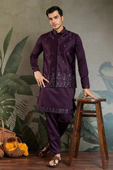 Purple Kurta Koti Set for Men