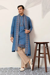 Wedding Royal Look Blue Kurta with Dupatta for Mens Wear