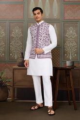 White Kurta Pajama with Purple Koti