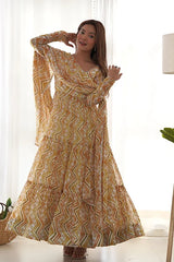 Pure Soft Fox Light Yellow Georgette Zigzag Print Anarkali Set for Women