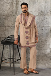 Elegant Beige Japanese Fabric Embroidered Kurta Dupatta Set for Men
