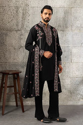 Elegant Black Japanese Fabric Kurta Dupatta Set for Men's Wear