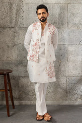 Premium Designer White Mirror Work Koti Kurta Set for Men's Wear