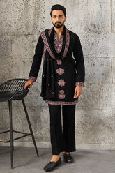 Royal Black Japanese Fabric Embroidered Kurta Dupatta Set for Men's Wear