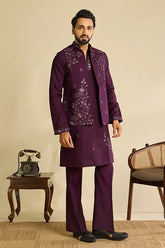 Royal Purple Mirror Work Koti Kurta Set for Men's Wear