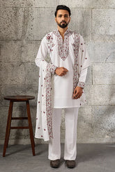 Royal White Japanese Fabric Embroidered Kurta Dupatta Set for Men's Wear