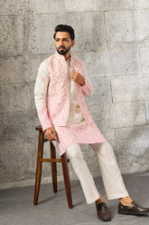 Luxury White Viscose Silk Koti Kurta Set with Embroidery for Men's Wear