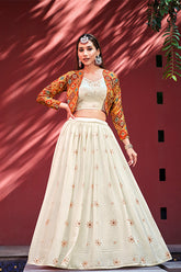 Beige Chiffon Embroidered Lehenga Choli