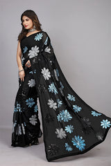 Floral embroidered black saree
