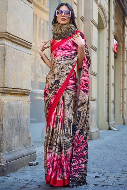 Satin silk Saree With Printed Blouse