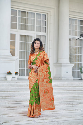 Green Soft Banarsai With Zari Weaving Silk Saree
