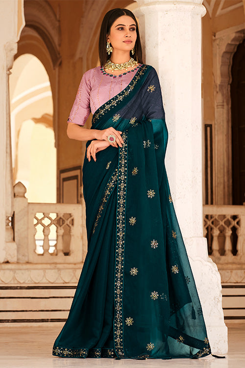 Teal Blue Chinon Thread With Sequins Work Saree
