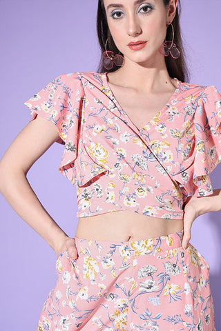 Cute Floral Printed Crop-Top With Trousers
