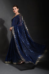 Party wear blue georgette saree with lace
