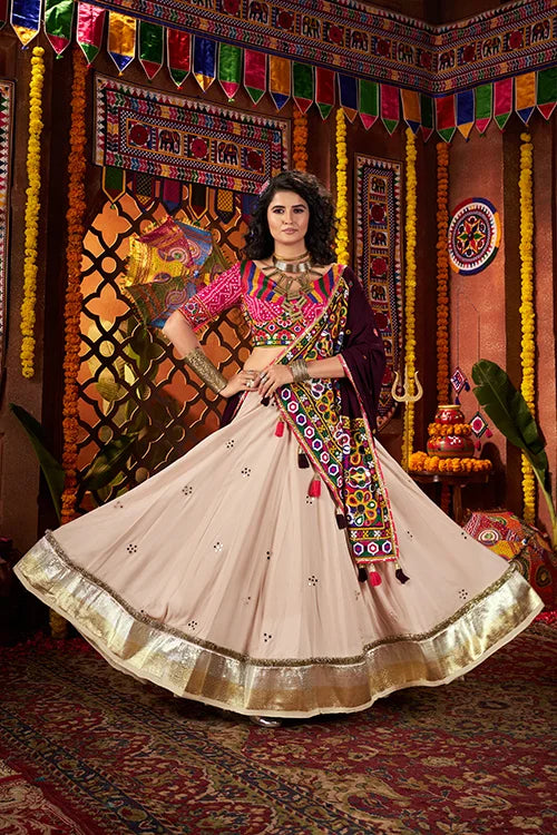 Beige Mirror Work Chaniya Choli