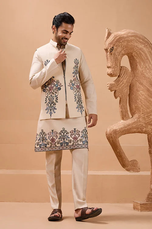 Beige Koti Kurta Set for Men