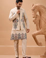 Tendy Beige Wedding Special Koti Kurta Set for Mens Wear