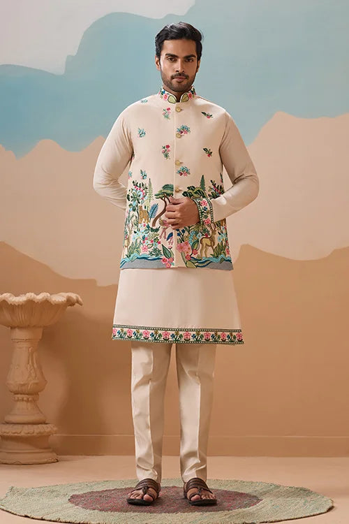 Beige Koti Kurta Set for Mens