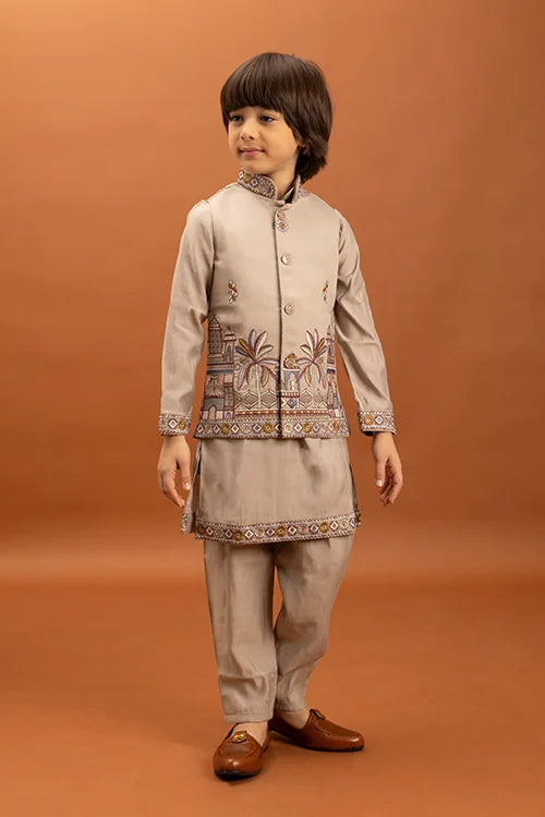 Designer Beige Koti Kurta Kids