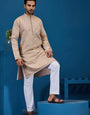 Elegant Beige Embroidered Viscose Silk Kurta for Mens