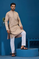 Beige Embroidered Viscose Silk Kurta
