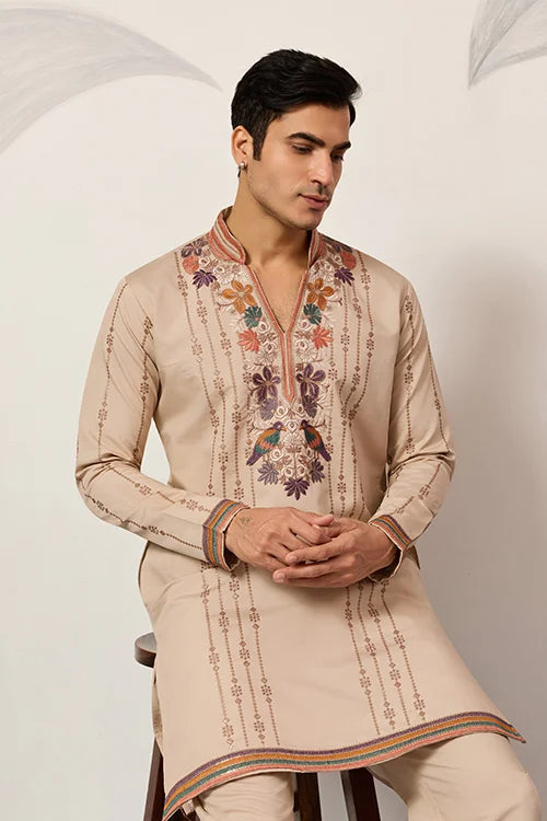 Beige Embroidered Kurta Pant Set