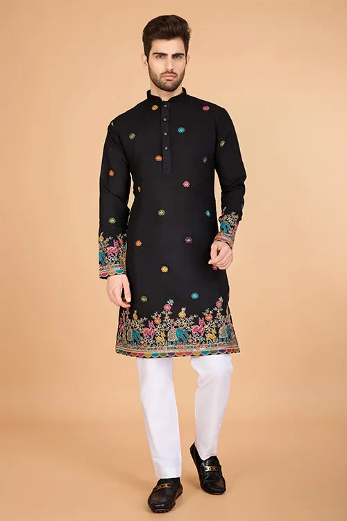 Black Designer Viscose Silk Kurta