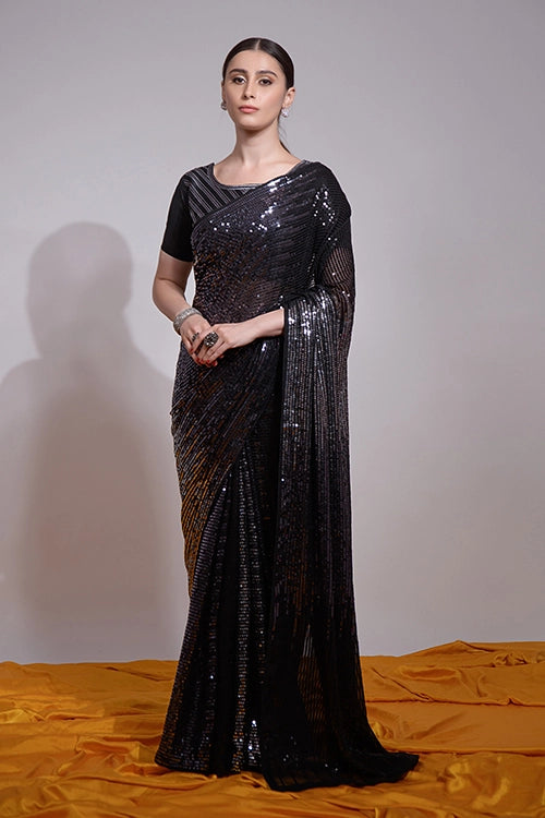 Black Georgette Saree with Embroidered Blouse