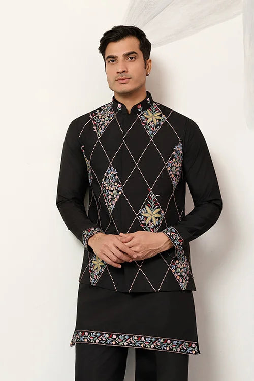 Black Koti Kurta Pajama for Men