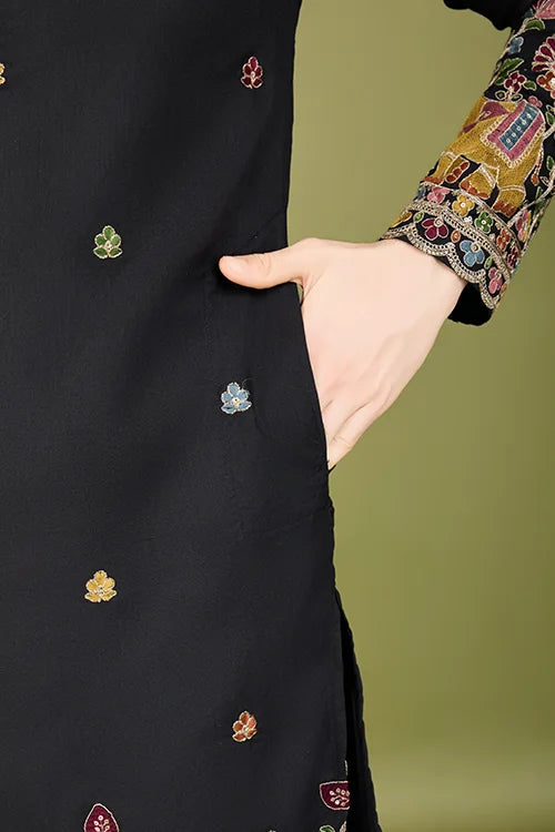 Black Embroidered Cotton Kurta