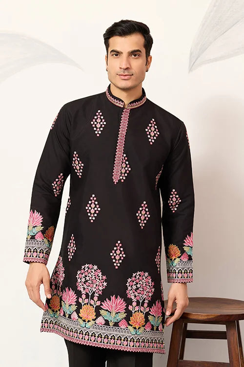 Black Embroidered Kurta for Men