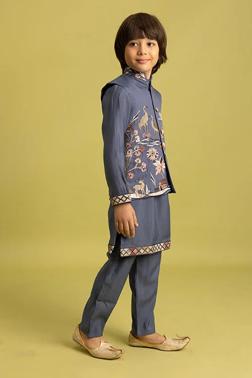Blue Grey Koti Kurta Set for Kids