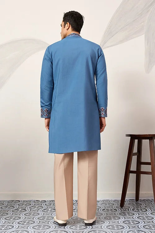 Wedding Royal Look Blue Kurta with Dupatta for Mens Wear