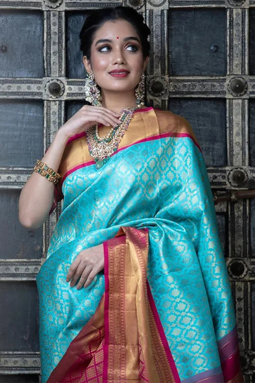 Blue Color Weaving Soft Silk Wedding Wear Saree