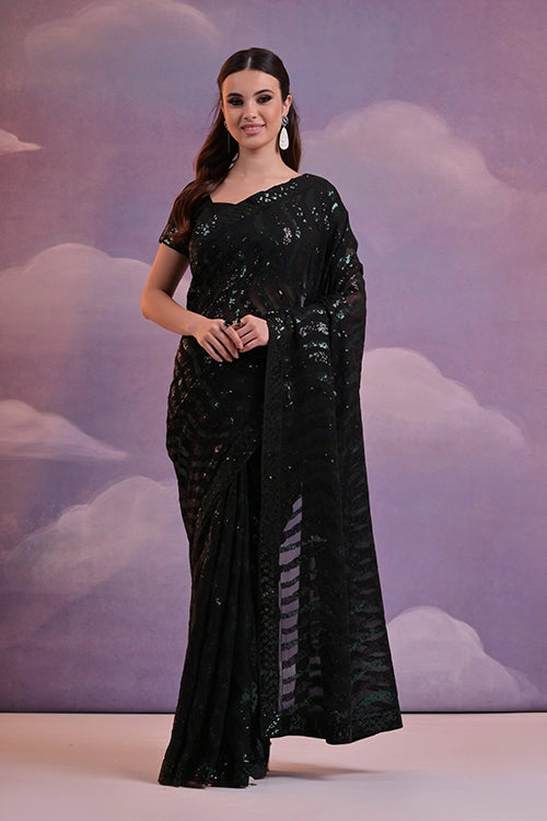 Green-Black Georgette Saree with Lace Border