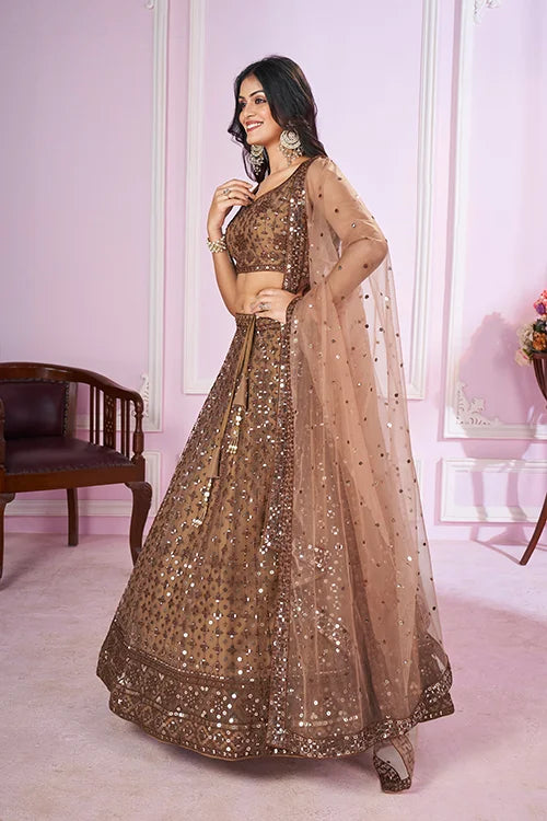 Brown  Embroidered Lehenga Choli