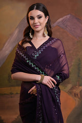 Embroidered Purple Georgette Saree